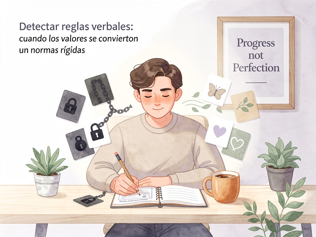 Persona reflexionando sobre cómo sus valores se convierten en normas rígidas, con tarjetas que representan reglas y flexibilidad.